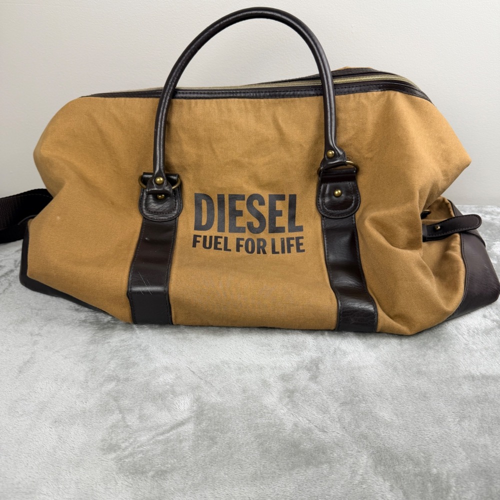Diesel Fuel For Life Canvas Duffle Bag Brown Tan Weekender Travel Carry On
